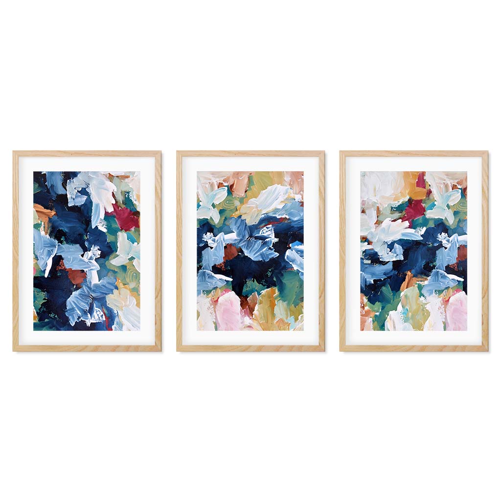 Colourful Abstract Floral - Print Set Of 3 Oak Frame Wall Art Print Set Of 3 - Abstract House