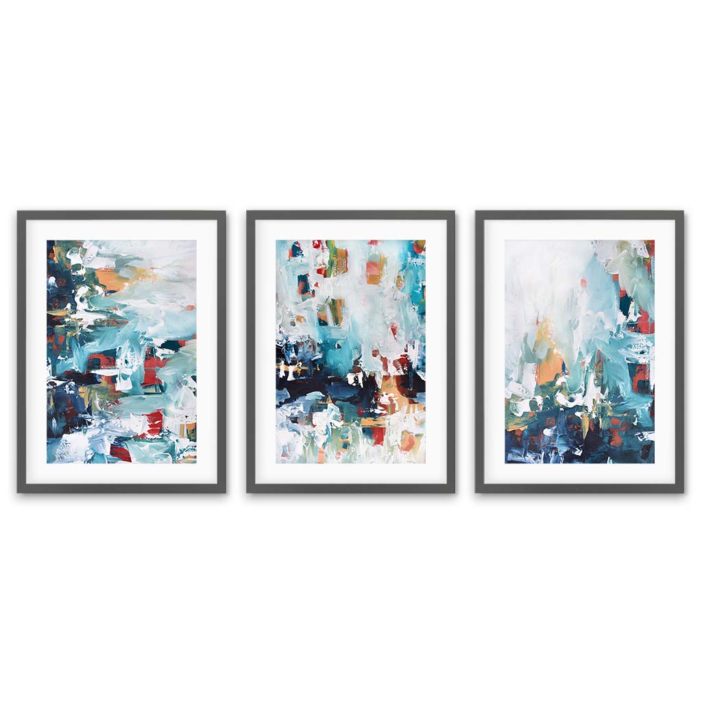 Colourful Landscape Print Set Of 3 Grey Frame Wall Art Print Set Of 3 - Abstract House