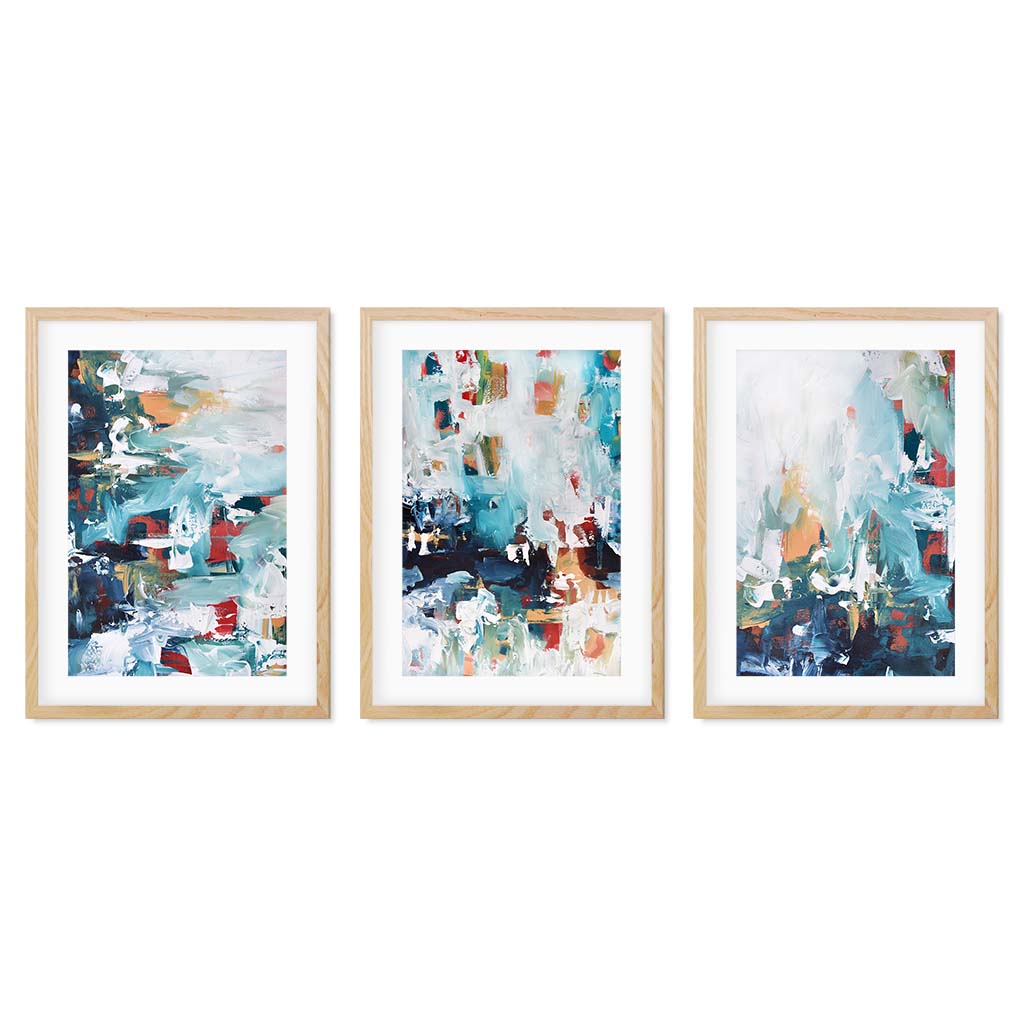 Colourful Landscape Print Set Of 3 Oak Frame Wall Art Print Set Of 3 - Abstract House