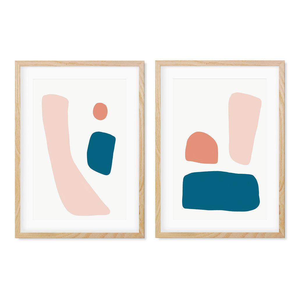 Colourful Shapes - Print Set Of 2 Oak Frame Wall Art Print Set Of 2 - Abstract House