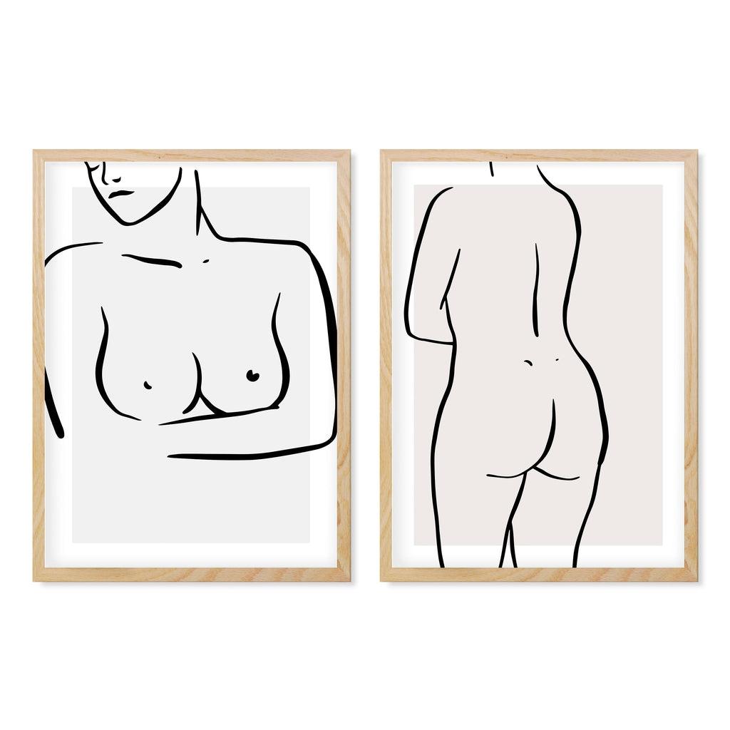 Female Figure Line Art - Print Set Of 2 Black Frame Wall Art Print Set Of 2 - Abstract House