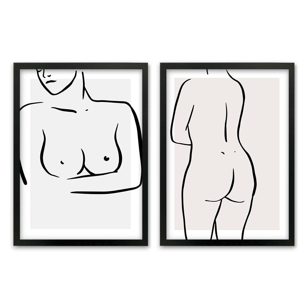 Female Figure Line Art - Print Set Of 2 Black Frame Wall Art Print Set Of 2 - Abstract House
