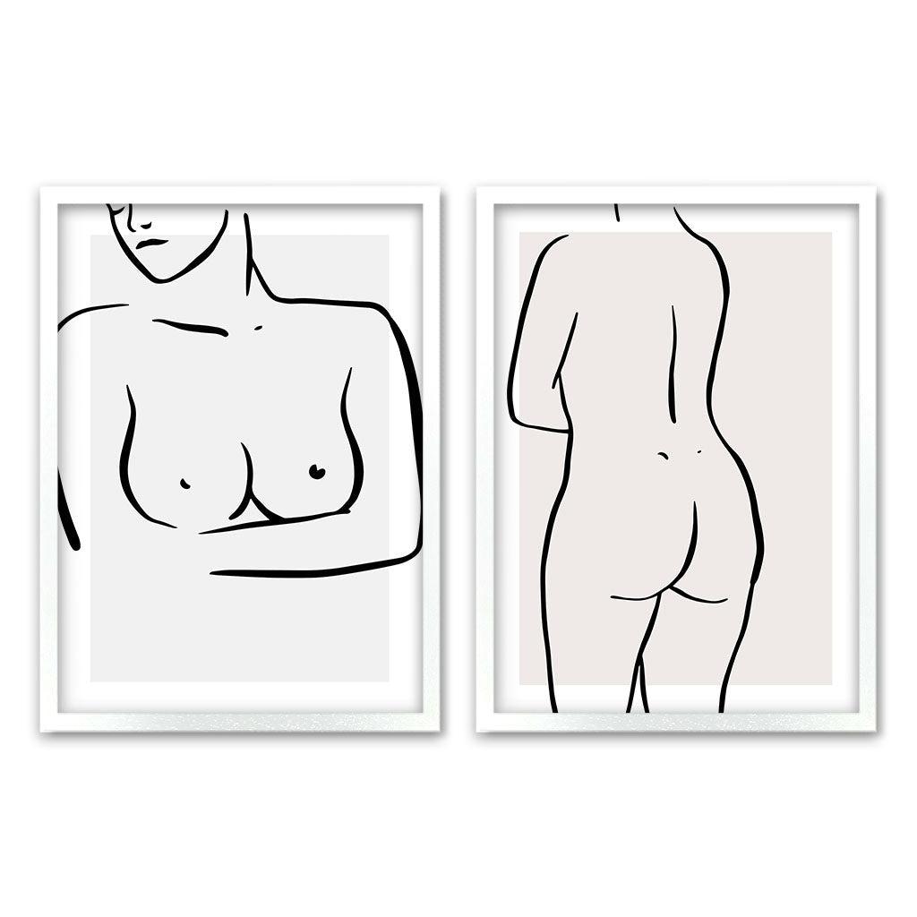 Female Figure Line Art - Print Set Of 2 White Frame Wall Art Print Set Of 2 - Abstract House