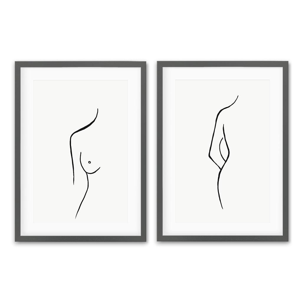 Female Nude Drawings - Print Set Of 2 Grey Frame Wall Art Print Set Of 2 - Abstract House