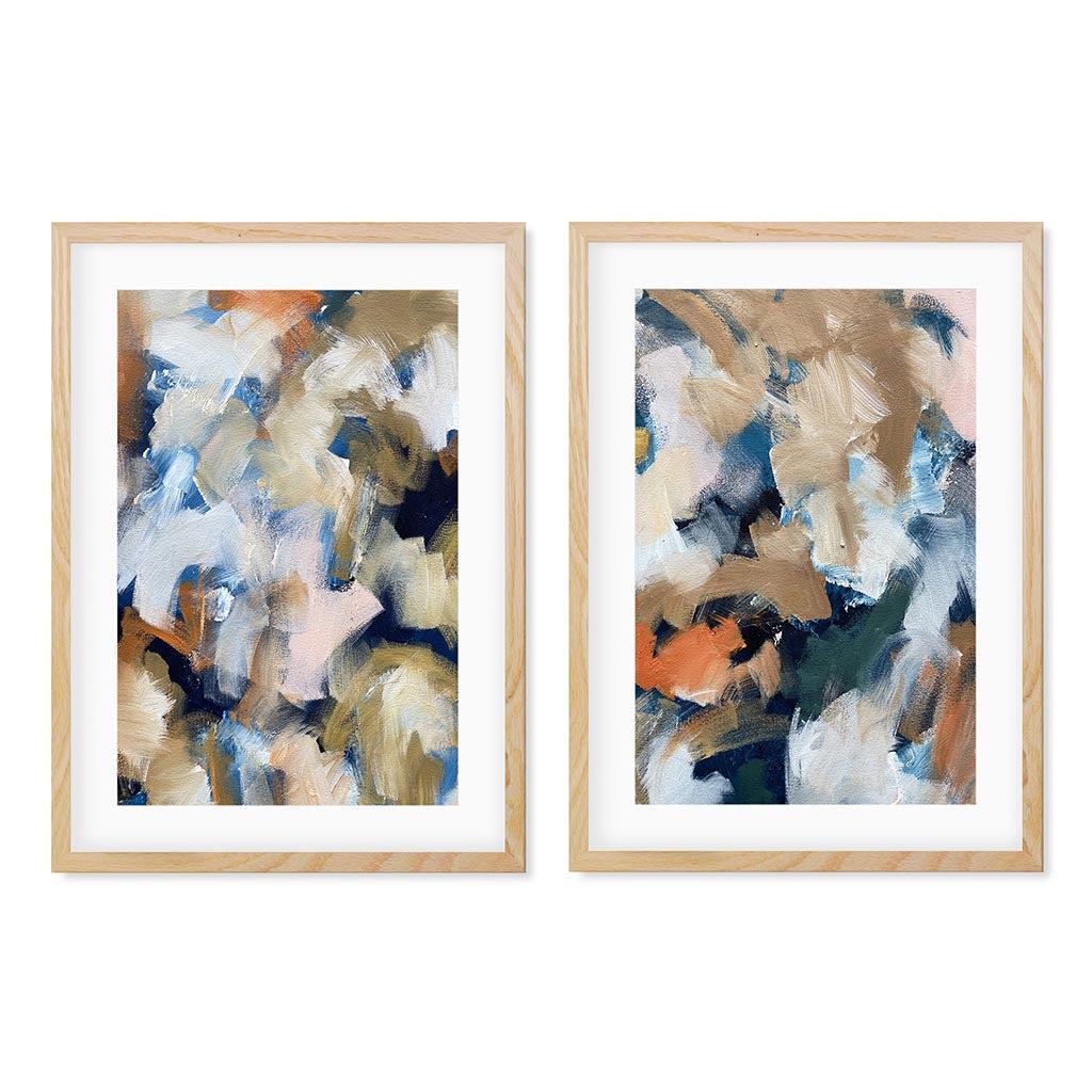 Golden Brushstroke - Print Set Of 2 Oak Frame Wall Art Print Set Of 2 - Abstract House