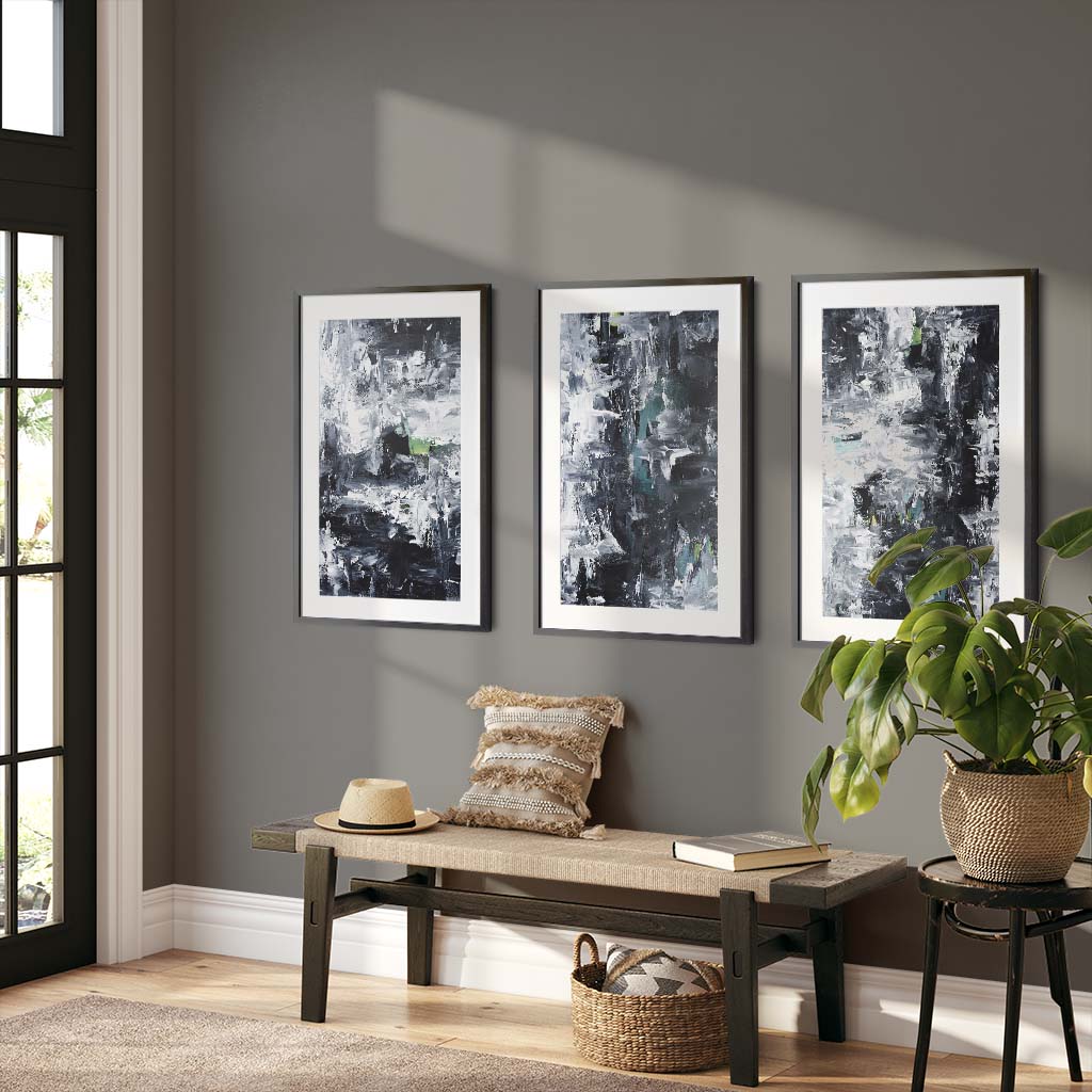 Grey On Mint - Print Set Of 3 Black Frame Wall Art Print Set Of 3 - Abstract House