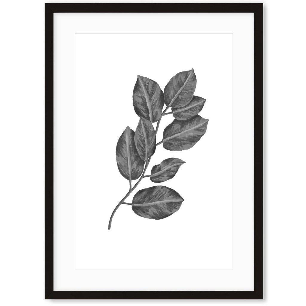Greyscale Botanical Leaves Art Print Black Frame Wall Art Print - Abstract House