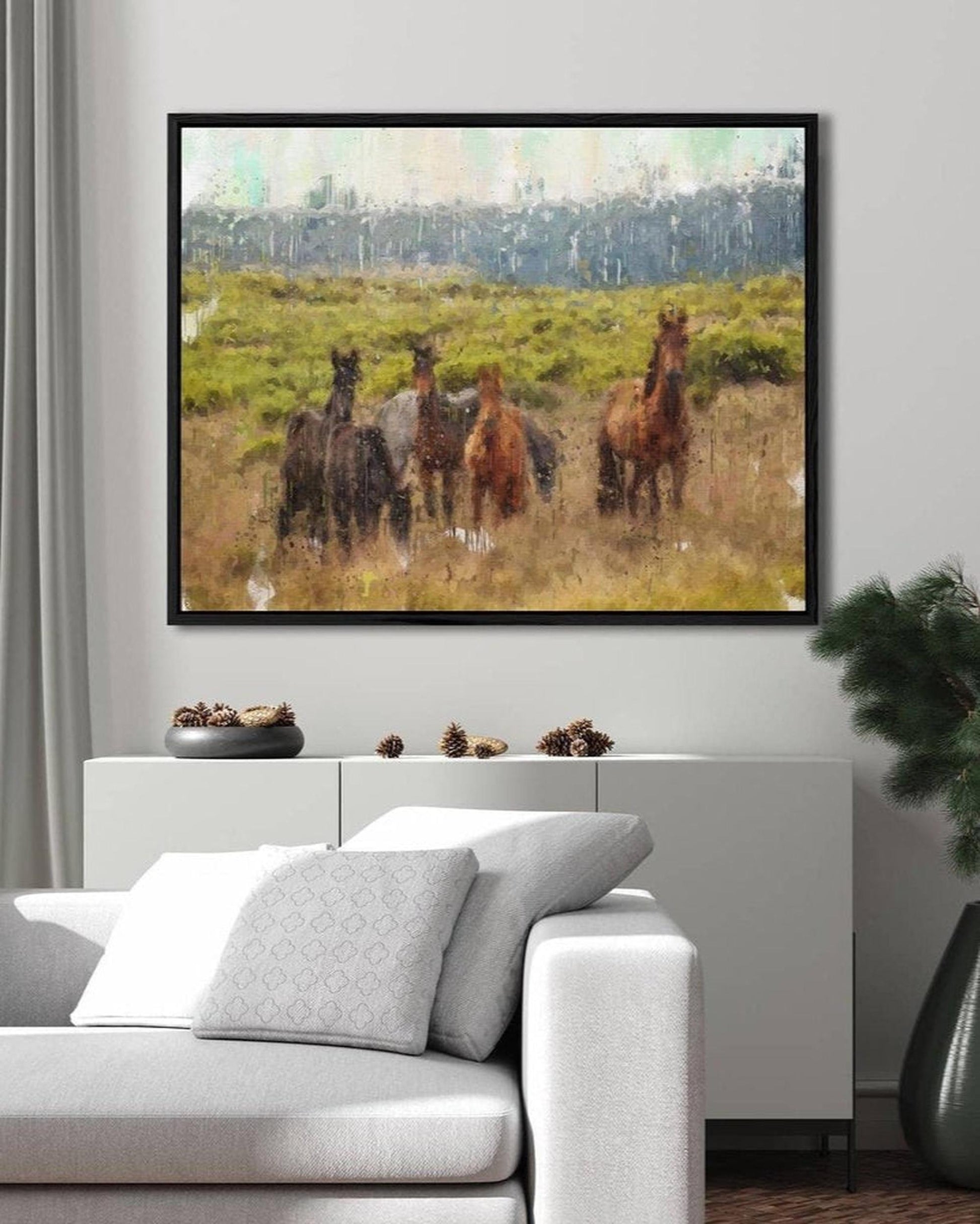 Horses In A Field Painting Framed Canvas