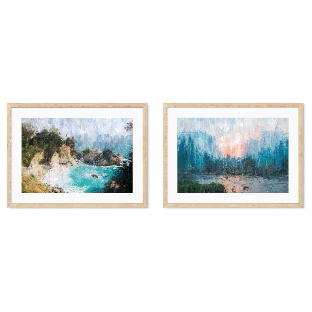 Impressionist Coastal Scene - Print Set Of 2 Oak Frame Wall Art Print Set Of 2 - Abstract House
