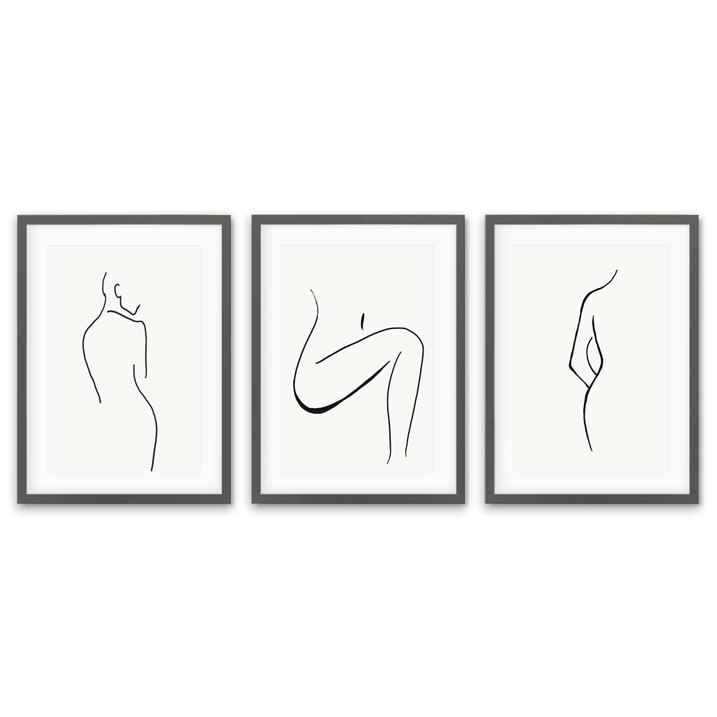 Line Art Trio - Print Set of 3 Grey Frame Wall Art Print Set Of 3 - Abstract House