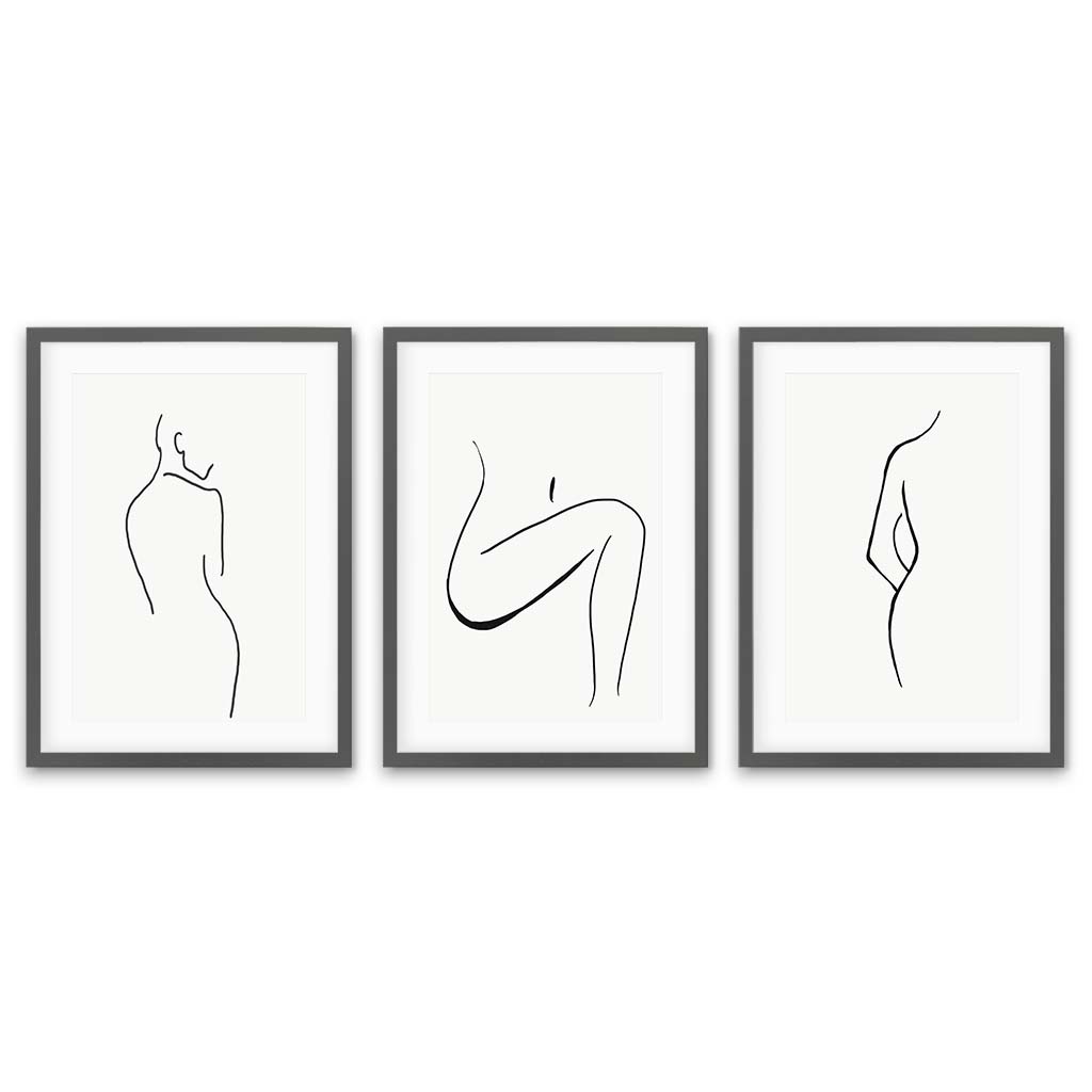 Line Art Trio - Print Set of 3 Grey Frame Wall Art Print Set Of 3 - Abstract House