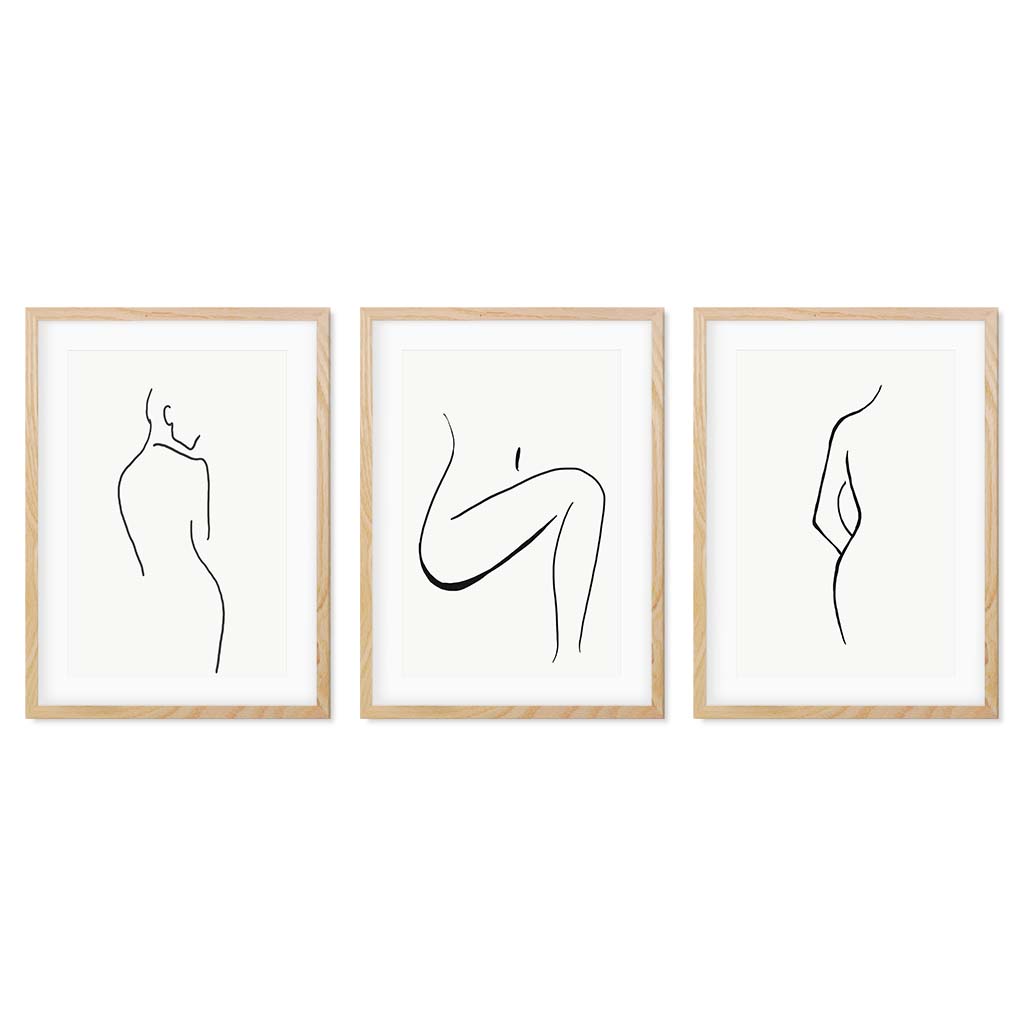 Line Art Trio - Print Set of 3 Oak Frame Wall Art Print Set Of 3 - Abstract House