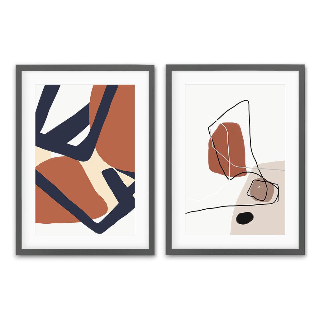 Mid-Century Modern Abstract Art - Print Set Of 2 Grey Frame Wall Art Print Set Of 2 - Abstract House