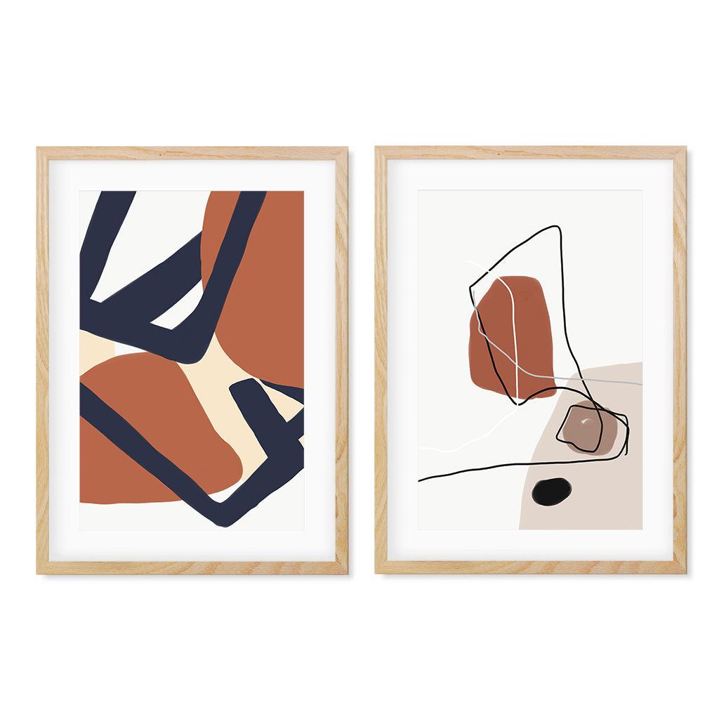 Mid-Century Modern Abstract Art - Print Set Of 2 Oak Frame Wall Art Print Set Of 2 - Abstract House
