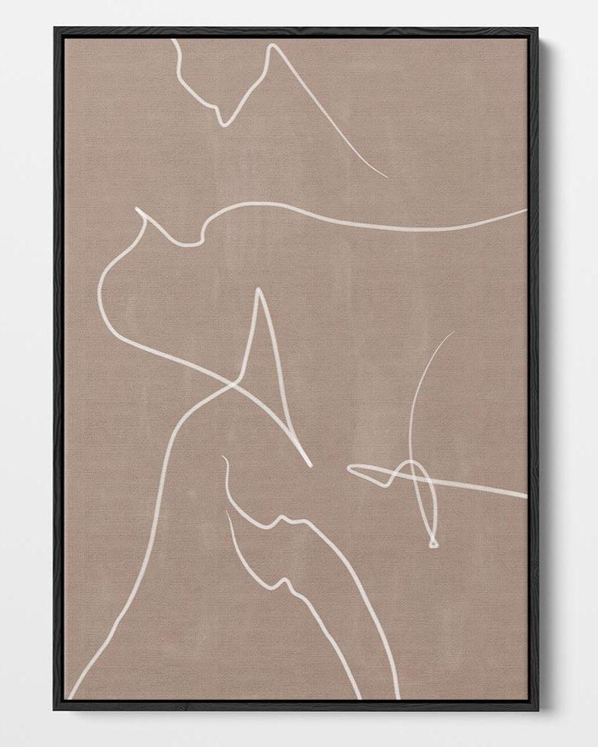 Abstract line art on a beige background with a black frame.