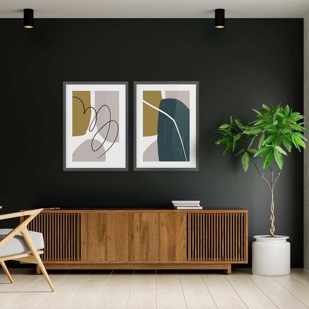Modern Green & Grey Abstract - Print Set Of 2 Black Frame Wall Art Print Set Of 2 - Abstract House