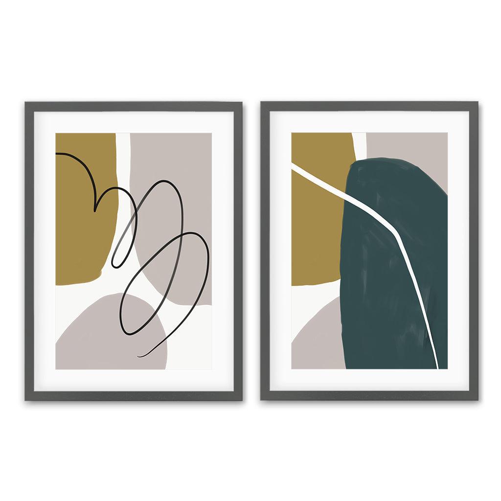 Modern Green & Grey Abstract - Print Set Of 2 Grey Frame Wall Art Print Set Of 2 - Abstract House