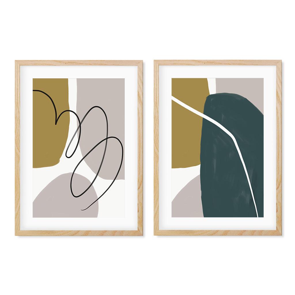 Modern Green & Grey Abstract - Print Set Of 2 Oak Frame Wall Art Print Set Of 2 - Abstract House