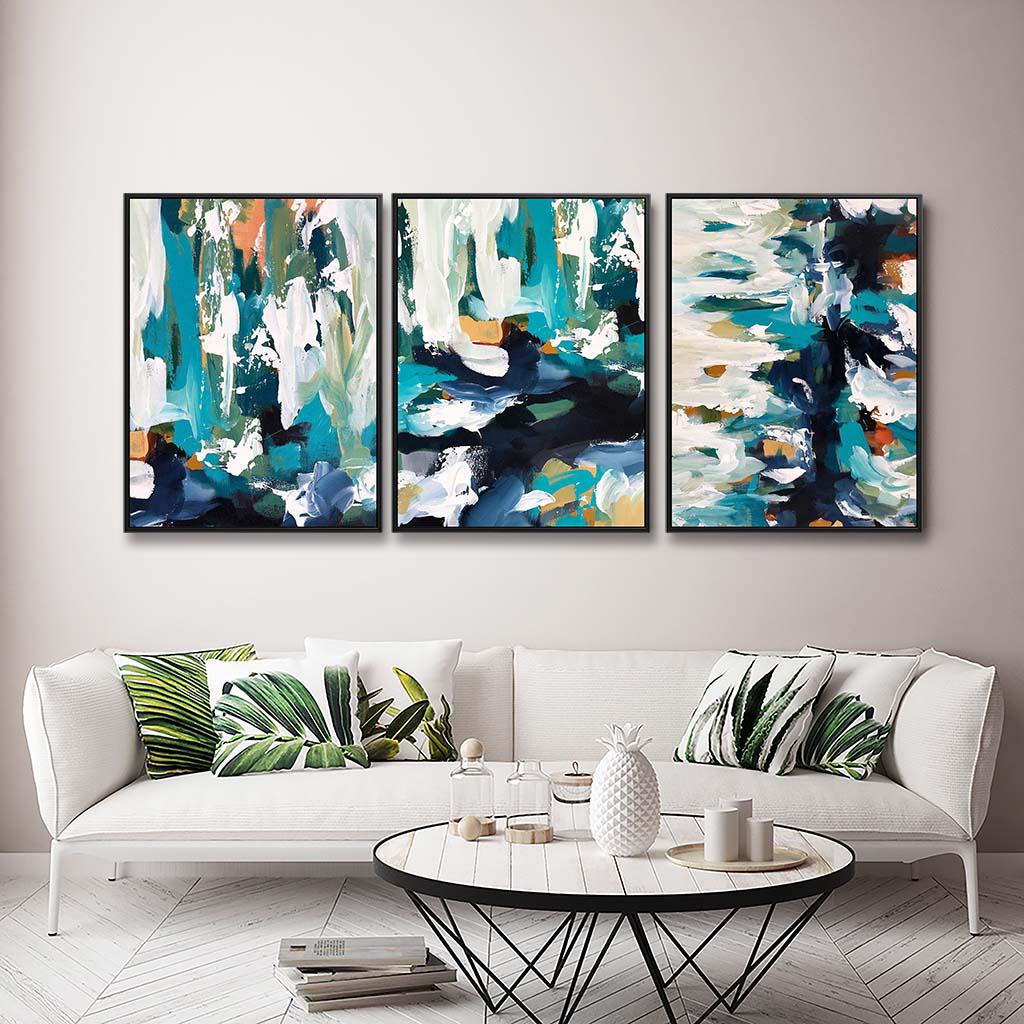 Modern Teal Abstract Canvas Set Of 3 White Canvas Set Of 3 - Abstract House