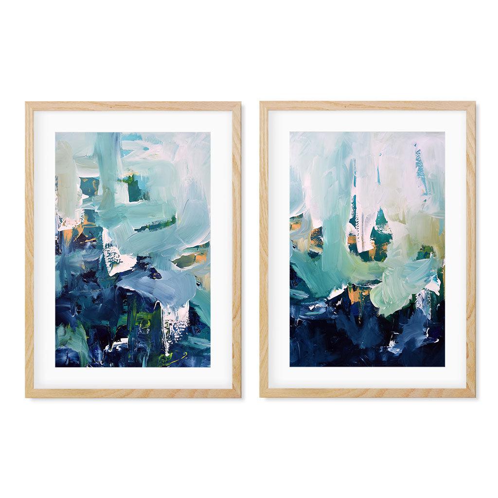 Modern Teal And Classic Blue - Print Set Of 2 Oak Frame Wall Art Print Set Of 2 - Abstract House