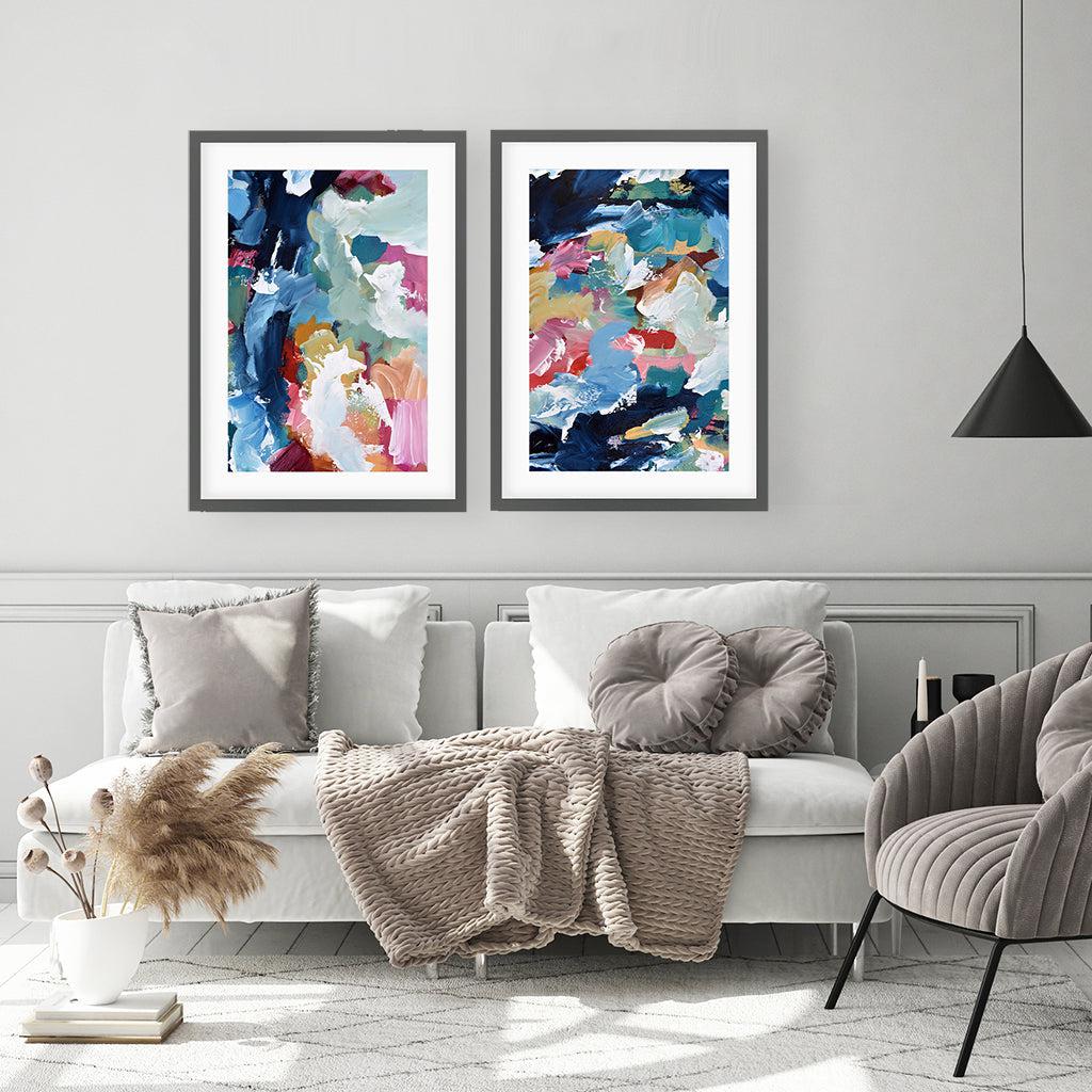 Modern Vibrant Abstract Seascape - Print Set Of 2 Black Frame Wall Art Print Set Of 2 - Abstract House