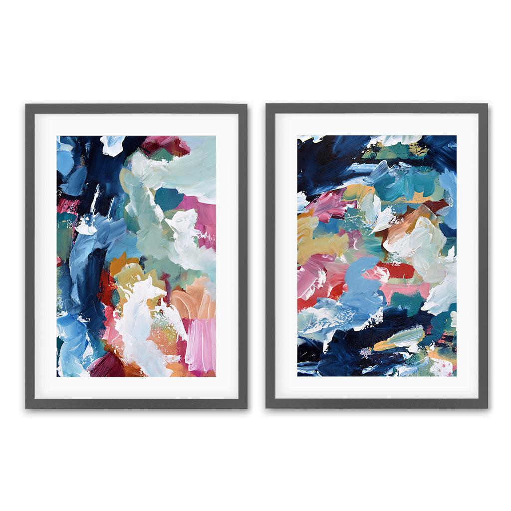 Modern Vibrant Abstract Seascape - Print Set Of 2 Grey Frame Wall Art Print Set Of 2 - Abstract House