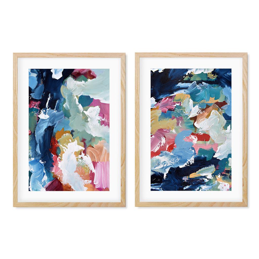 Modern Vibrant Abstract Seascape - Print Set Of 2 Oak Frame Wall Art Print Set Of 2 - Abstract House