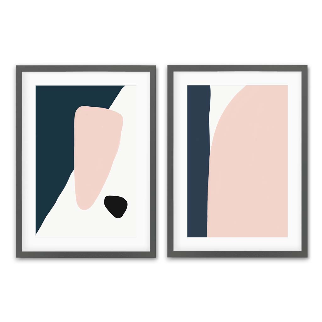 Navy And Pink Design - Print Set Of 2 Grey Frame Wall Art Print Set Of 2 - Abstract House