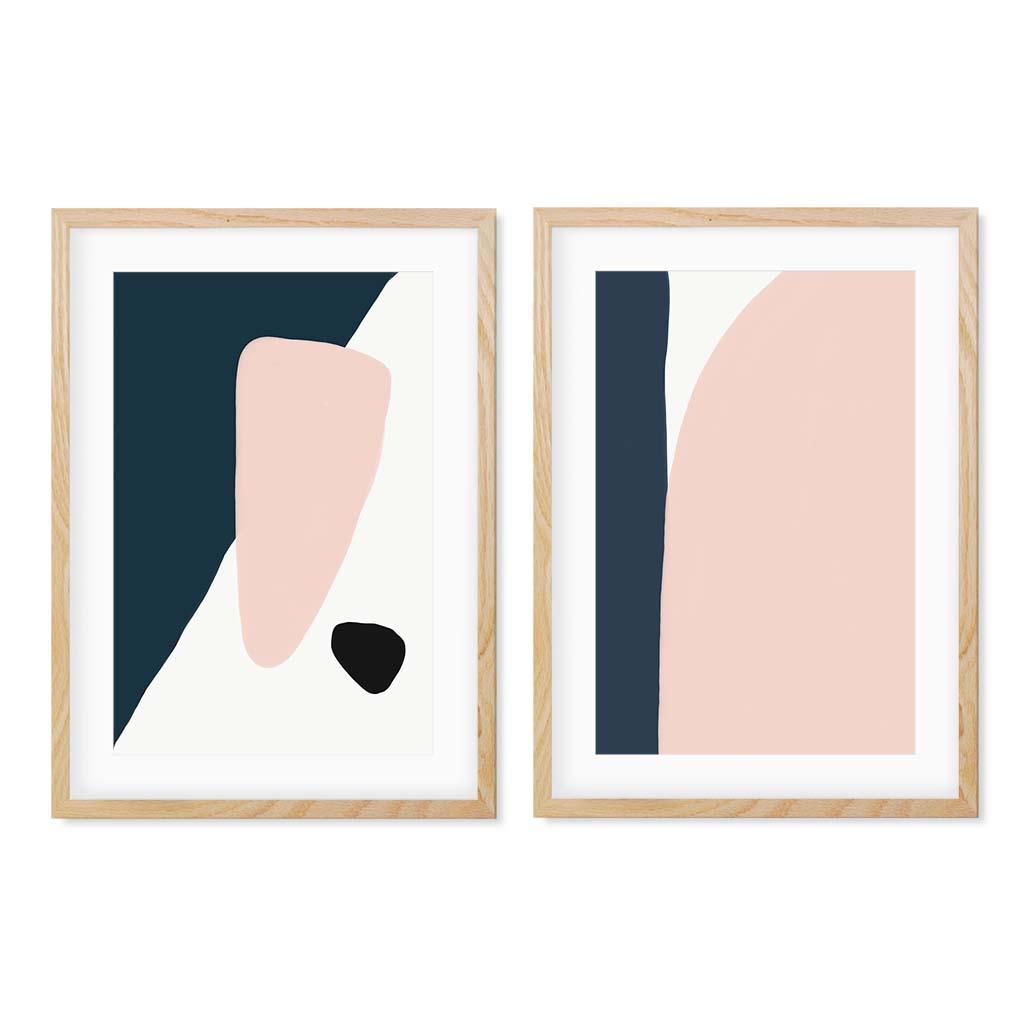Navy And Pink Design - Print Set Of 2 Oak Frame Wall Art Print Set Of 2 - Abstract House