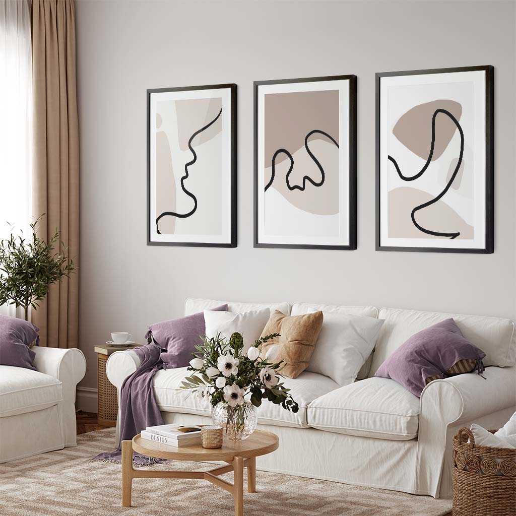 Neutral Line Drawings - Set Of 3 Prints Black Frame Wall Art Print Set Of 3 - Abstract House