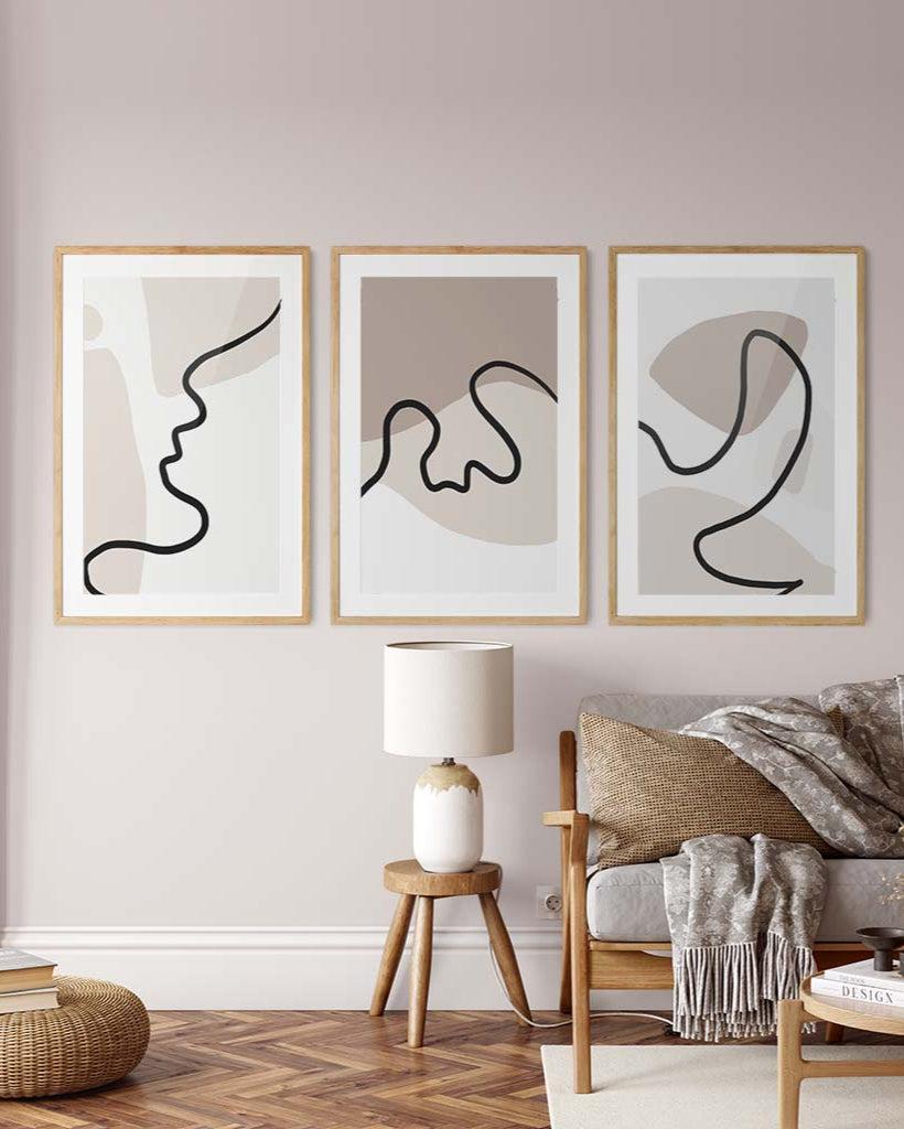 Neutral Line Drawings - Set Of 3 Prints Black Frame Wall Art Print Set Of 3 - Abstract House
