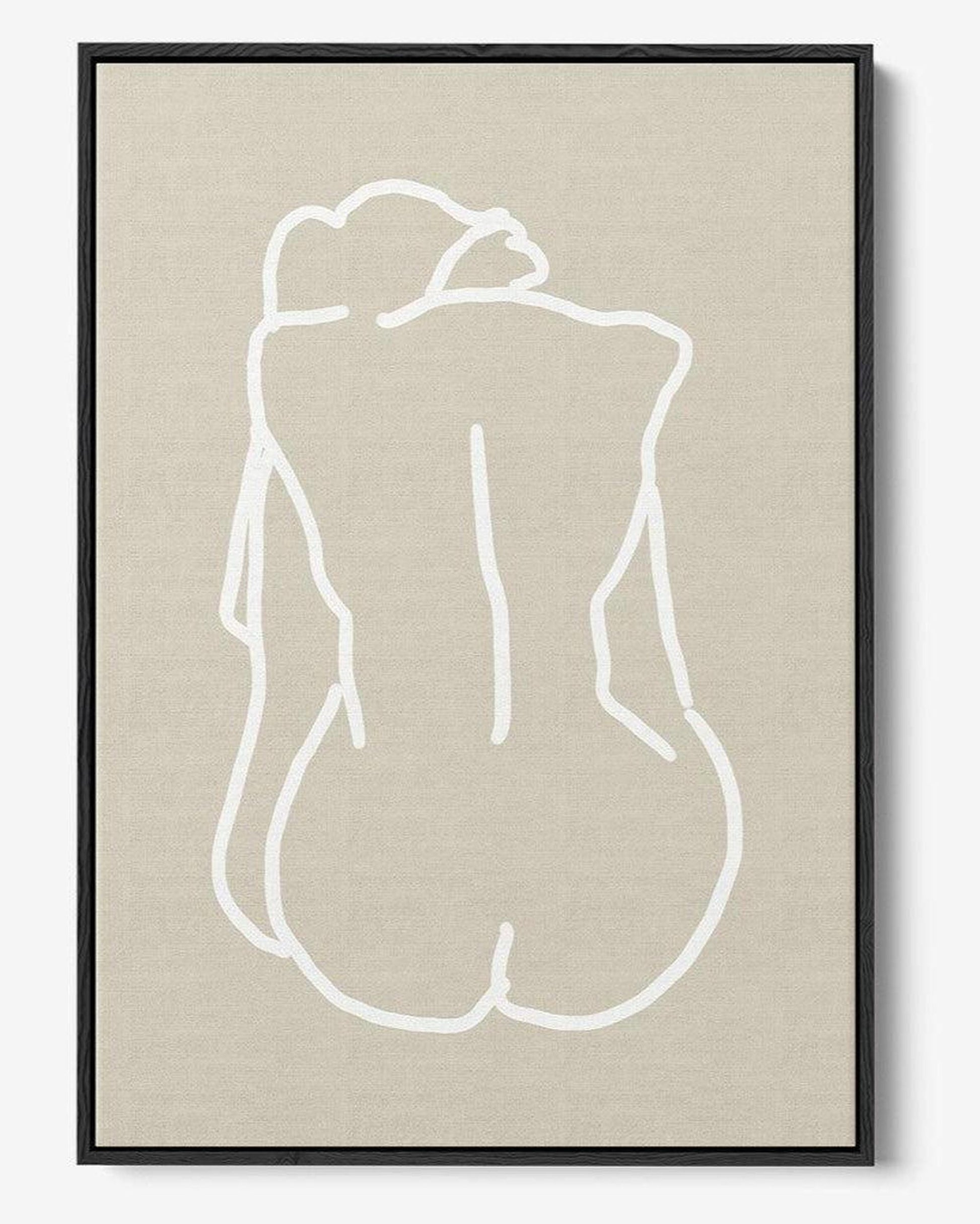 Framed abstract line art of a nude figure on beige background