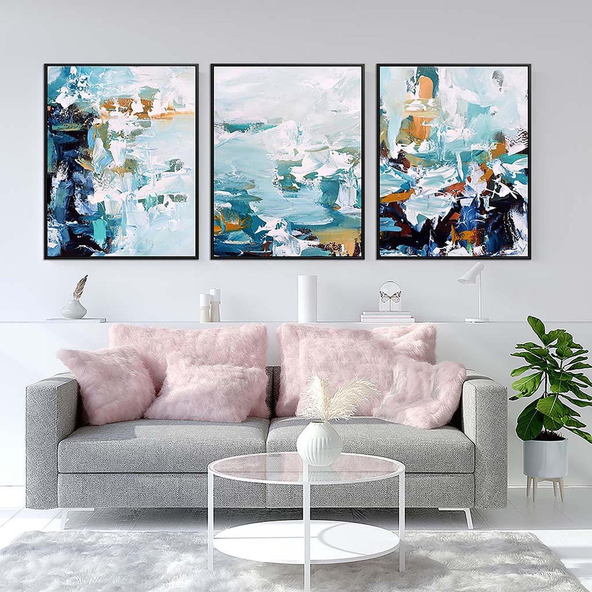 Painterly Strokes Abstract Canvas Set Of 3 White Canvas Set Of 3 - Abstract House
