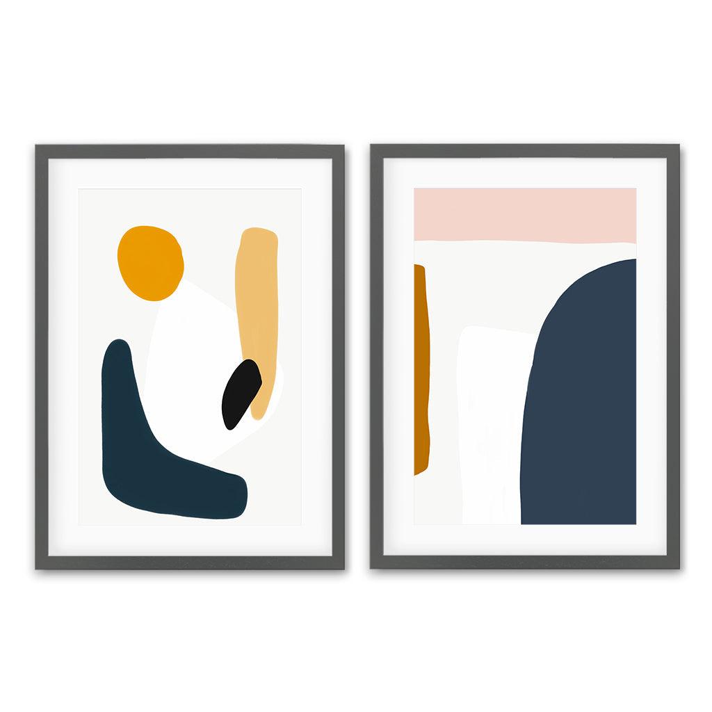 Playful Abstract Colours - Print Set Of 2 Grey Frame Wall Art Print Set Of 2 - Abstract House