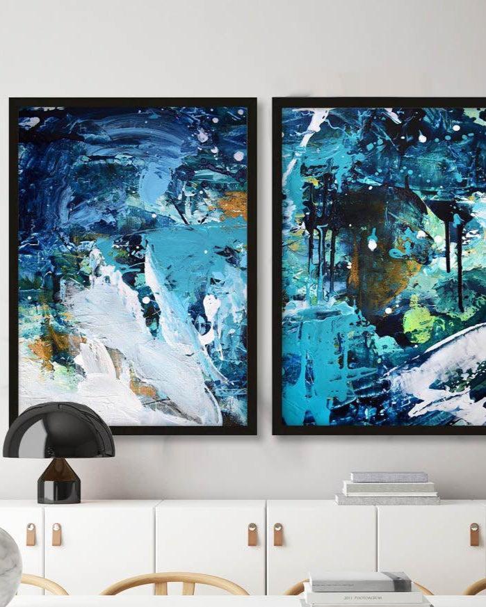 Teal And Gold Abstract Texture - Print Set of 2 Black Frame Wall Art Print Set Of 2 - Abstract House