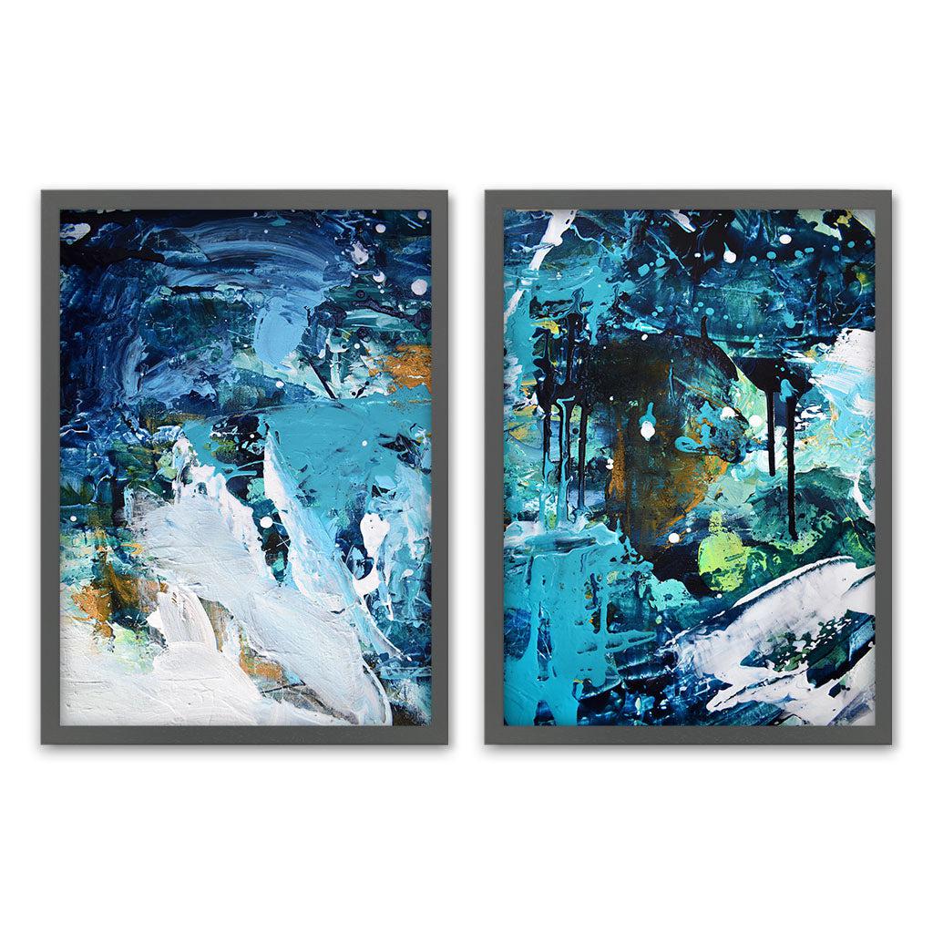 Teal And Gold Abstract Texture - Print Set of 2 Grey Frame Wall Art Print Set Of 2 - Abstract House
