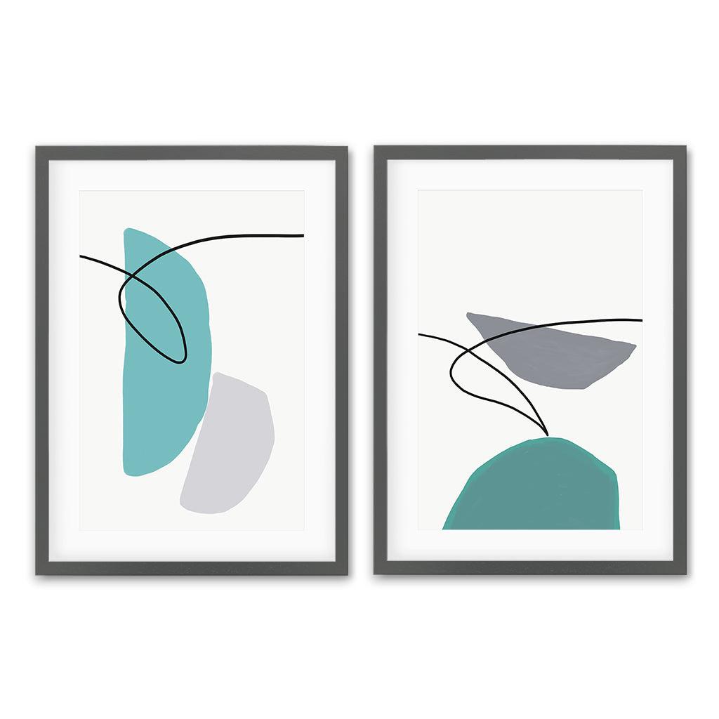 Teal And Grey Shapes - Print Set Of 2 Grey Frame Wall Art Print Set Of 2 - Abstract House