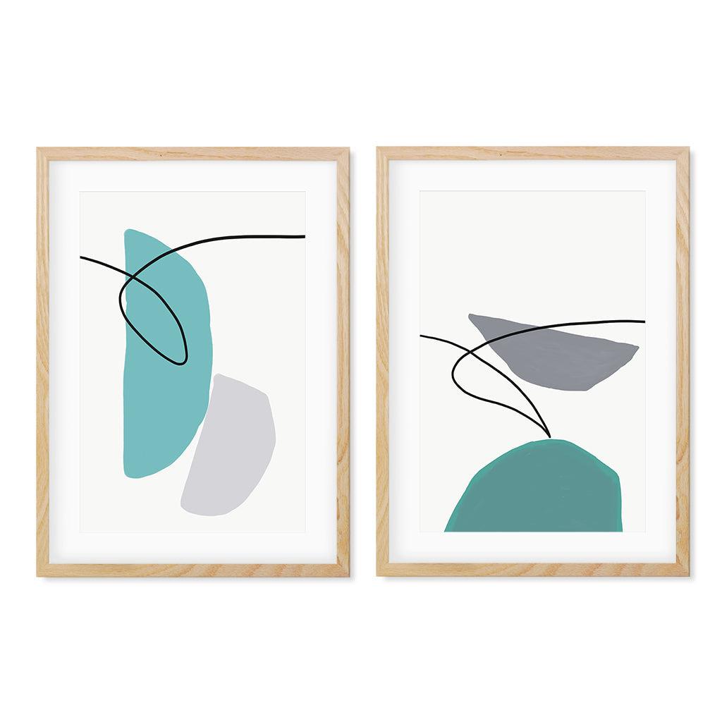 Teal And Grey Shapes - Print Set Of 2 Oak Frame Wall Art Print Set Of 2 - Abstract House