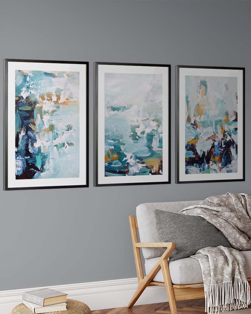 Teal Blues Abstract Waves - Print Set Of 3 Grey Frame Wall Art Print Set Of 3 - Abstract House