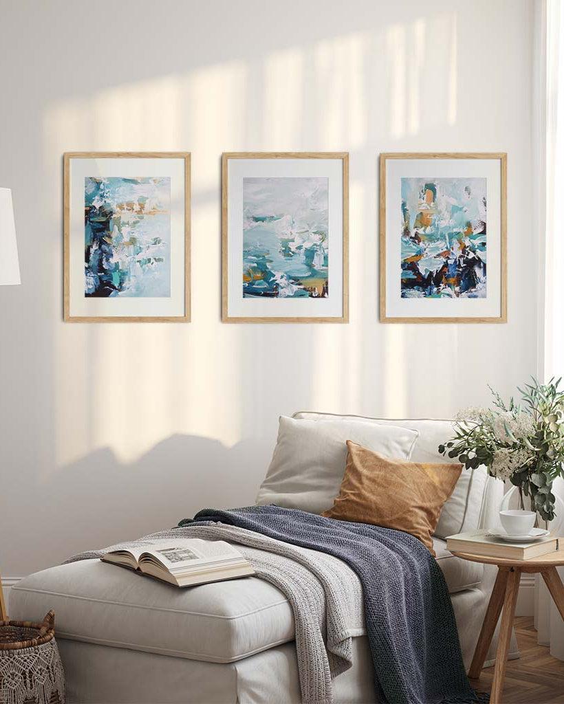 Teal Blues Abstract Waves - Print Set Of 3 Grey Frame Wall Art Print Set Of 3 - Abstract House