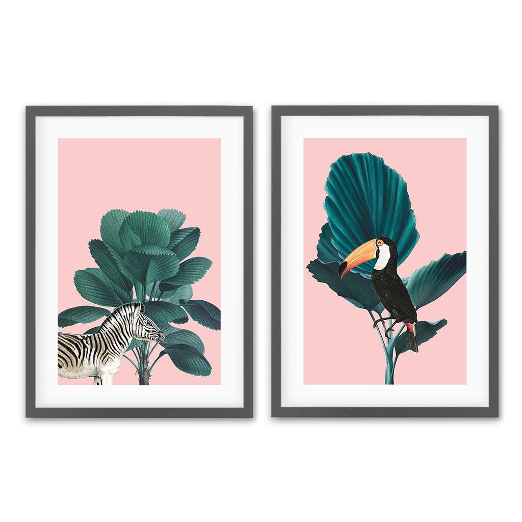 Tropical Jungle Animals - Print Set Of 2 Grey Frame Wall Art Print Set Of 2 - Abstract House