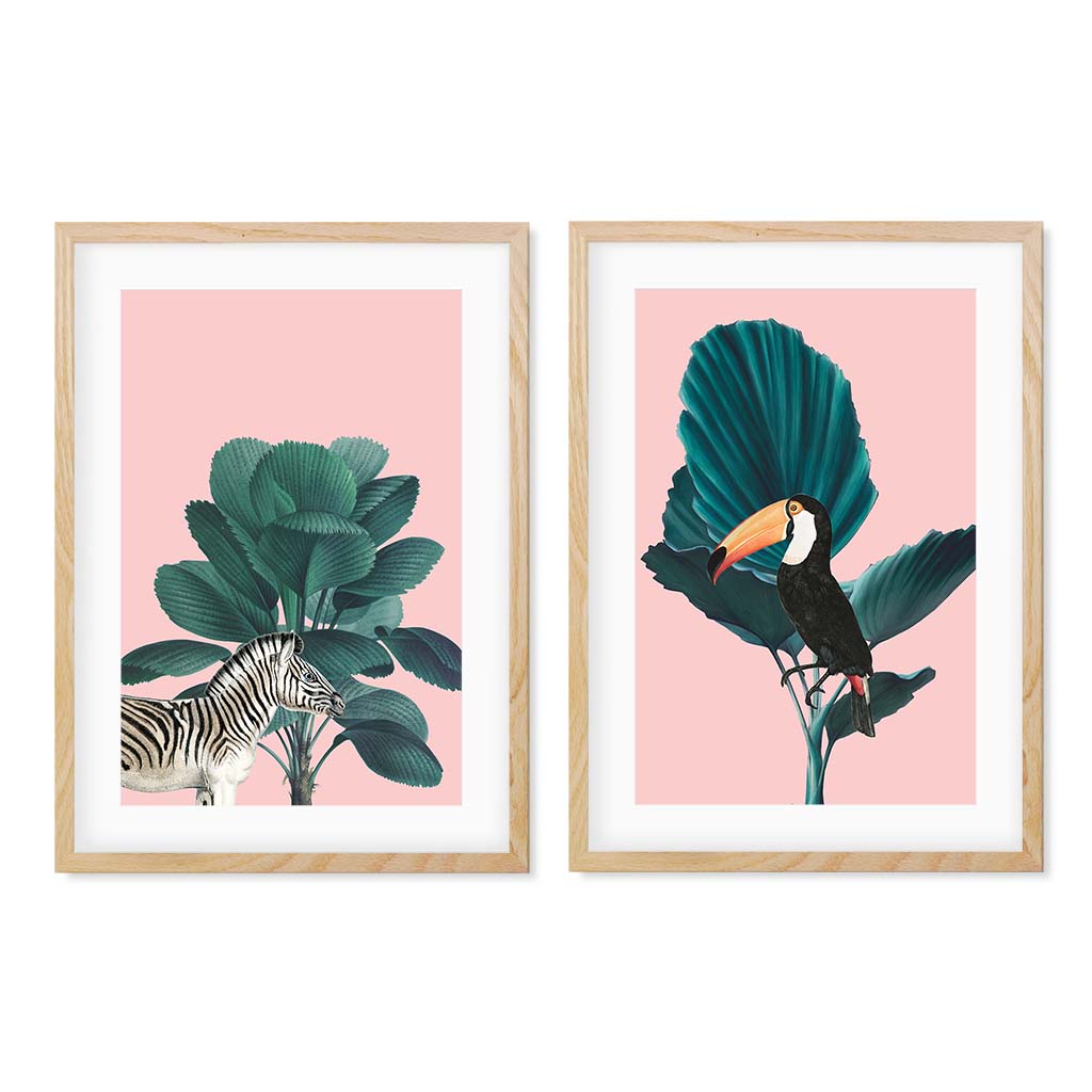 Tropical Jungle Animals - Print Set Of 2 Oak Frame Wall Art Print Set Of 2 - Abstract House