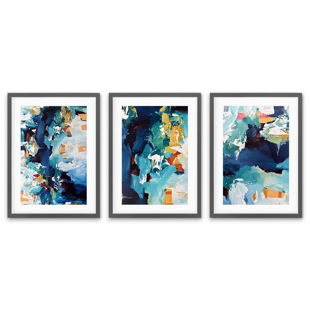 Turquoise Waters - Print Set Of 3 Grey Frame Wall Art Print Set Of 3 - Abstract House