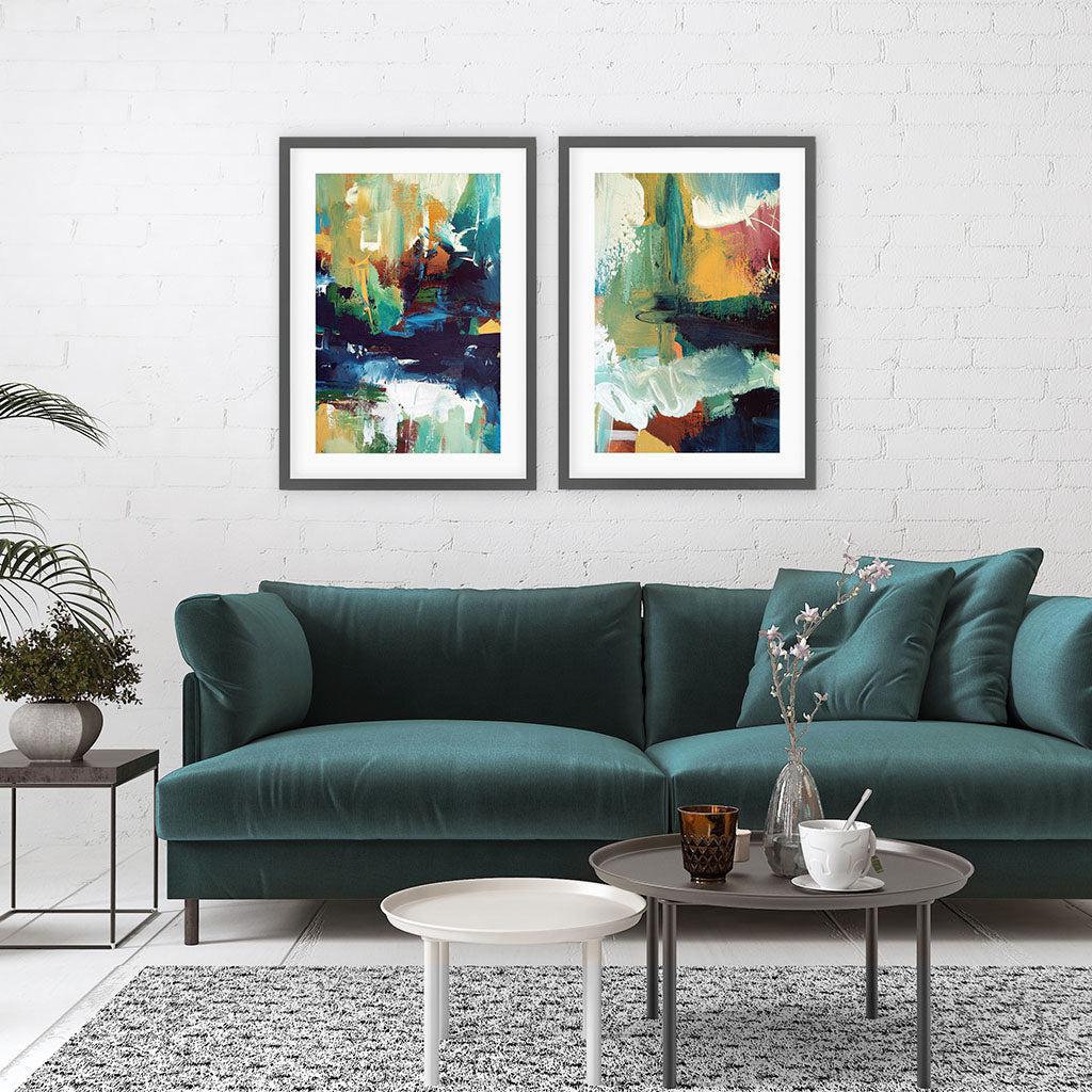 Vibrant Abstracts In Teal And Gold - Print Set Of 2 Black Frame Wall Art Print Set Of 2 - Abstract House