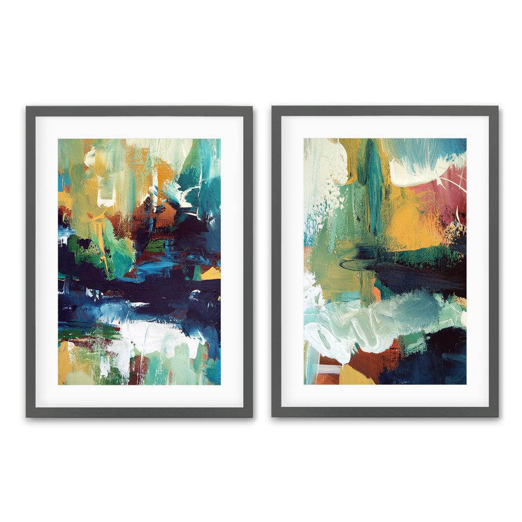 Vibrant Abstracts In Teal And Gold - Print Set Of 2 Grey Frame Wall Art Print Set Of 2 - Abstract House
