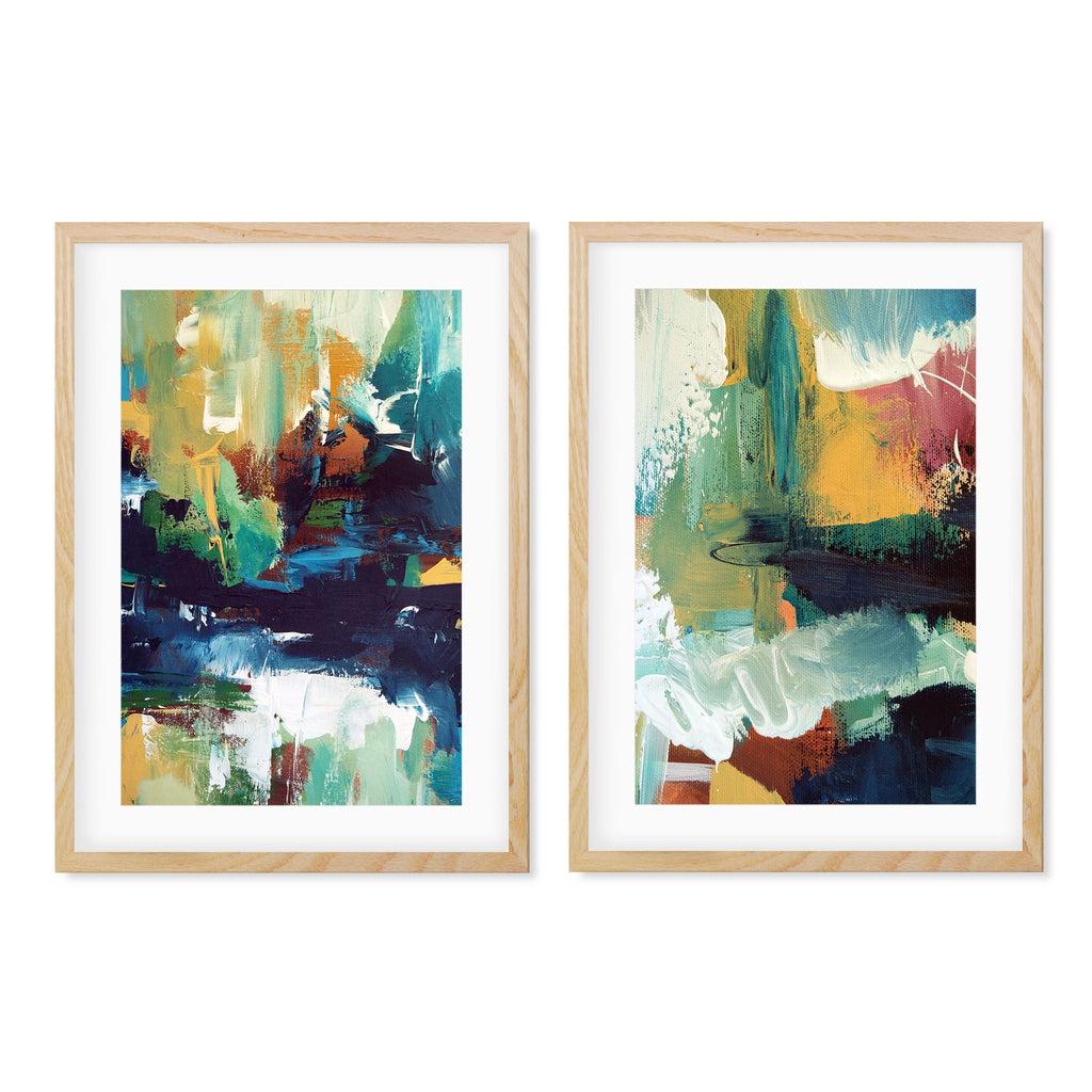 Vibrant Abstracts In Teal And Gold - Print Set Of 2 Oak Frame Wall Art Print Set Of 2 - Abstract House