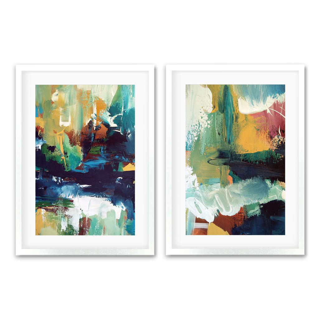 Vibrant Abstracts In Teal And Gold - Print Set Of 2 White Frame Wall Art Print Set Of 2 - Abstract House