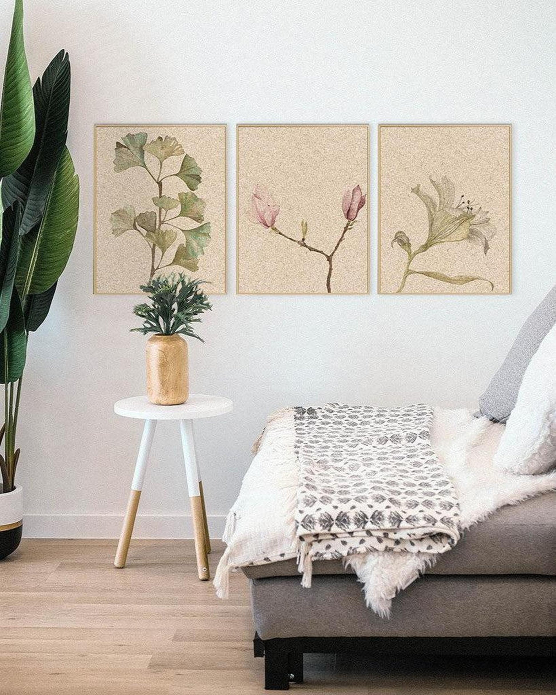 Vintage Botanical Leaves Canvas Set Of 3 White Frame Canvas Set Of 3 - Abstract House