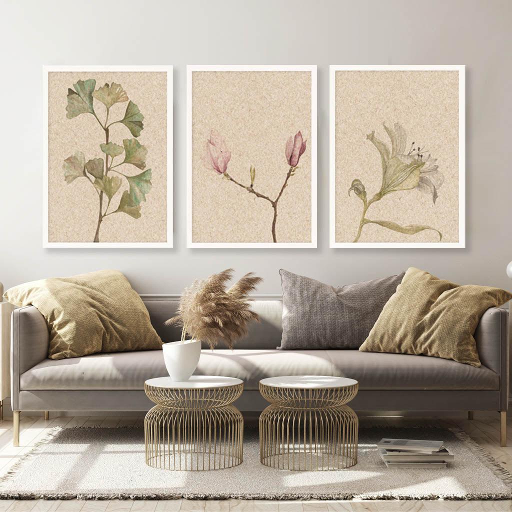 Vintage Botanical Leaves Canvas Set Of 3 White Frame Canvas Set Of 3 - Abstract House