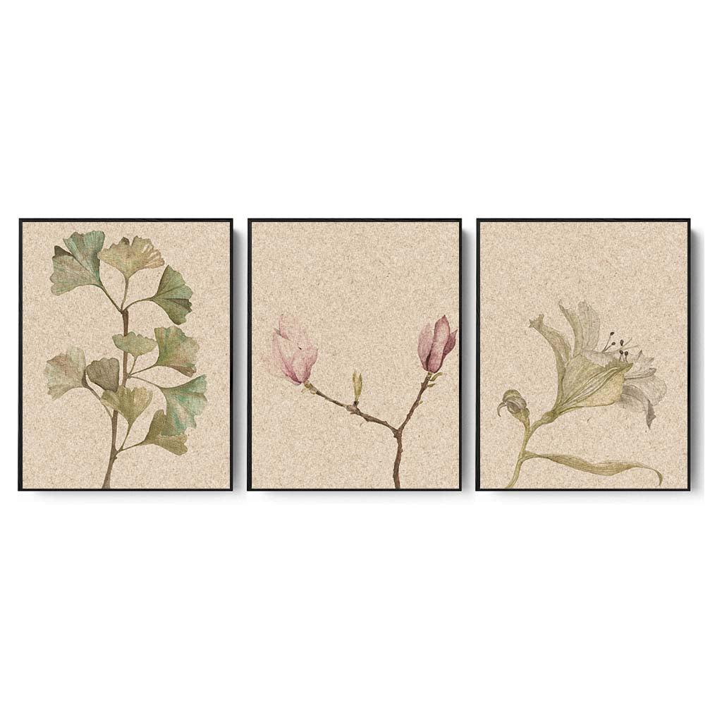 Vintage Botanical Leaves Canvas Set Of 3 Black Frame Canvas Set Of 3 - Abstract House